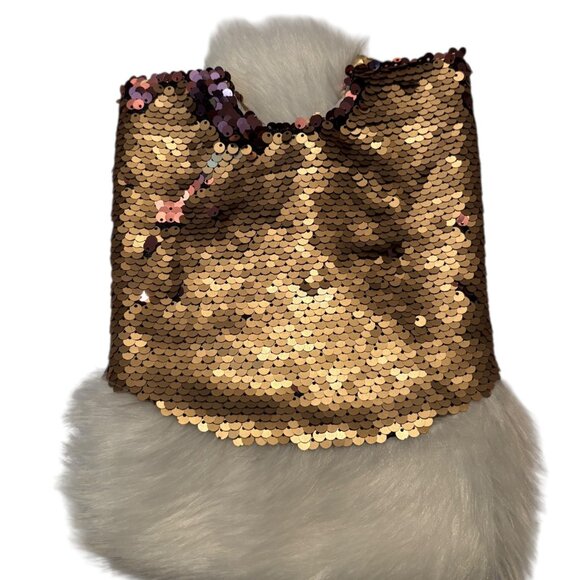 Reversible Mermaid Sequin Tree Skirt NWOT Gold & brown 18" Faux Fur Trim Holiday - Picture 3 of 6